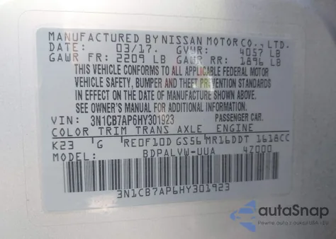 2017 Nissan Sentra Nismo z USA, uszkodzony, nr VIN 3N1CB7AP6HY301923